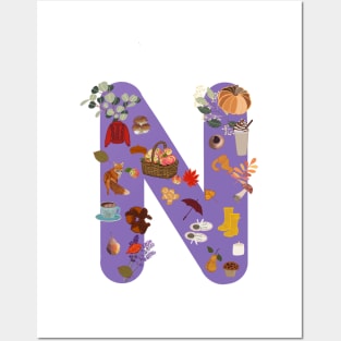 Letter N autumn design fall leaves Posters and Art